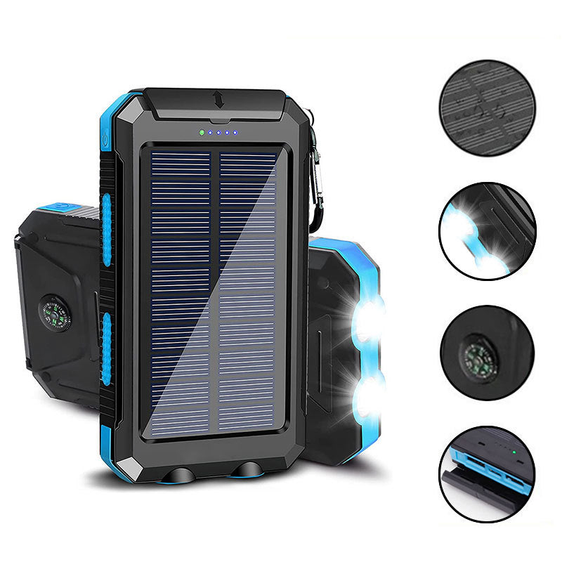 Outdoor solar charging backpack with LED lighting and waterproof mobile power bank