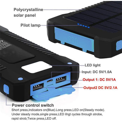 Outdoor solar charging backpack with LED lighting and waterproof mobile power bank