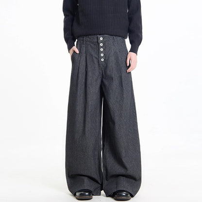 Retro Black Striped Pleated Button Jeans for Men